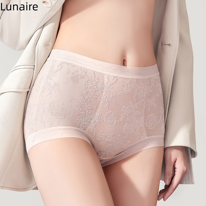 Lunaire กางเกงชั้นในผู้หญิงเอวสูงปานกลาง สไตล์จีน ปักลูกไม้ บาง กางเกงชั้นในป้องกันแบคทีเรีย