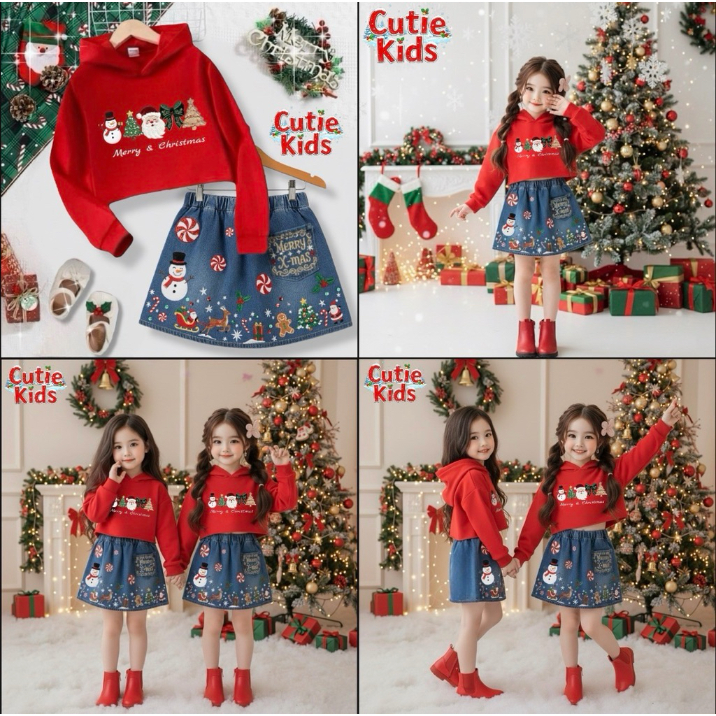 ส่งจากไทย ชุดคริสต์มาสเด็ก x-Mas เสื้อกันหนาวบุในเกล็ดปลา แขนยาวมีฮู้ด + กระโปรงยีนส์