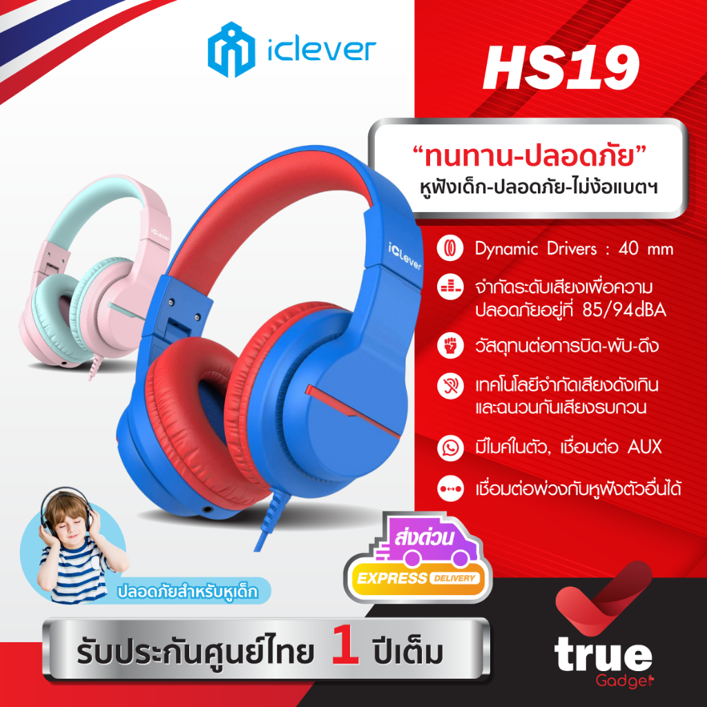 🇹🇭ประกันศูนย์ไทย [มีปุ่มจำกัดเสียงสำหรับเด็ก] หูฟังเด็ก iClever HS19 หูฟังสำหรับเด็ก Kids Headphones