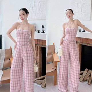 เสื้ออกทรงคลอเซทชายสามเหลี่ยมสานหลัง+กางเกงขายาวลายสก็อตSR