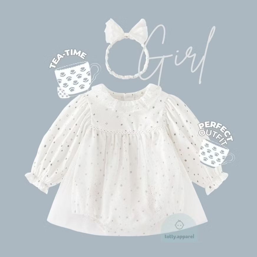 totty.apparel ชุดบอดี้สูทเด็กอ่อนสีขาว ลายดาว พร้อมโบคาดผม เซต Teatime 3-6/6-9/9-12 เดือน