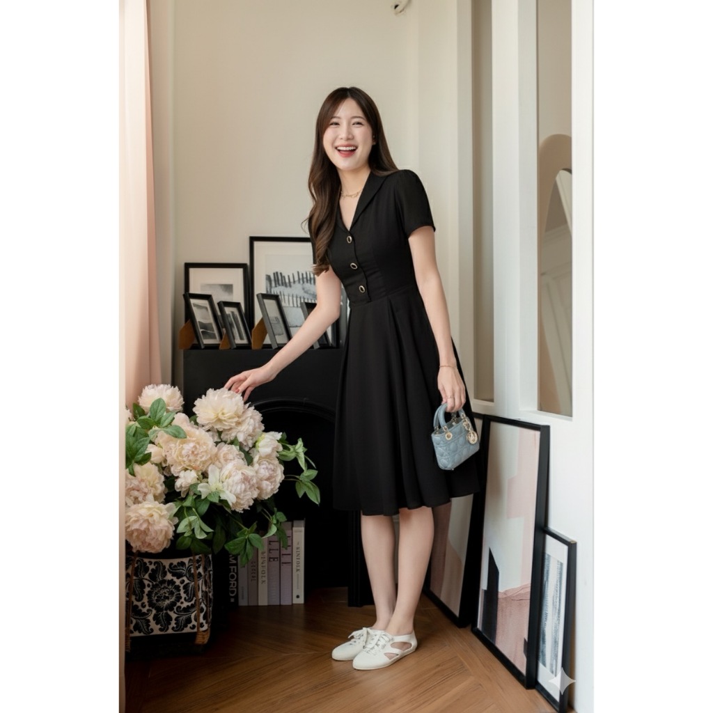 PD356 Chiffon Dress   เดรสผ้าชีฟอง คอปก แขนสั้น กระโปรงบาน