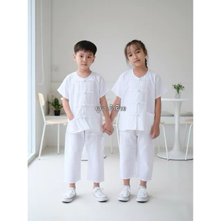 ชุดพื้นเมืองเด็ก ชุดพื้นเมืองคอกลมสีขาว ชุดทำบุญ (เสื้อ+กางเกง)