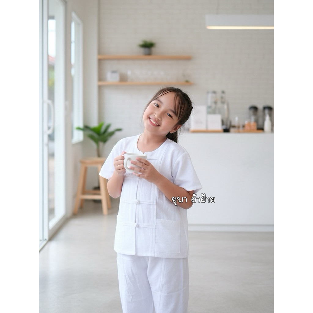 ชุดพื้นเมืองเด็ก ชุดพื้นเมืองคอกลมสีขาว ชุดทำบุญ (เสื้อ+กางเกง) - รูปที่ 5