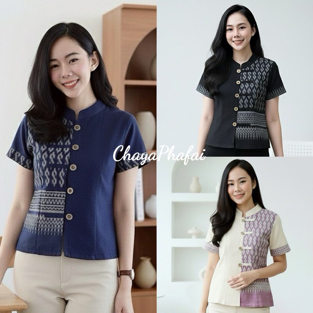 เสื้อผ้าฝ้ายคอจีนทูโทนลายขอผู้หญิง กระดุมเหรียญ