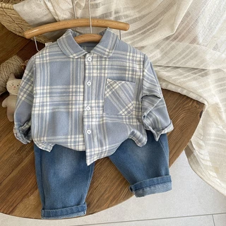 MooDeng Baby เซ็ตแขนยาว ปักลาย คอปก ลายสก็อต 2 สีเทา สีกรม เซท 2 ชิ้น เสื้อแขนยาว+ กางเกงขายาว ใส่เที่ยว ชุดเซทสุดเท่
