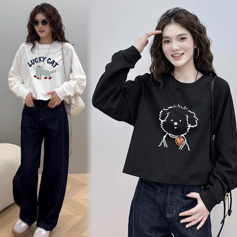 เสื้อครอปแขนยาวสีดำ oversize เสื้อผ้าแฟชั่นสาวอวบนอ้วนไซส์ใหญ่ 100 กิโล เสื้อยืดลายการ์ตูนผู้หญิงสไตล์เกาหลี สตรีทวินเทจ