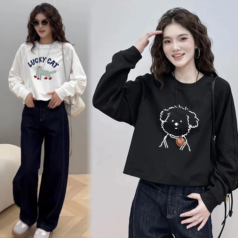เสื้อครอปแขนยาวสีดำ oversize เสื้อผ้าแฟชั่นสาวอวบนอ้วนไซส์ใหญ่ 100 กิโล เสื้อยืดลายการ์ตูนผู้หญิงสไตล์เกาหลี สตรีทวินเทจ