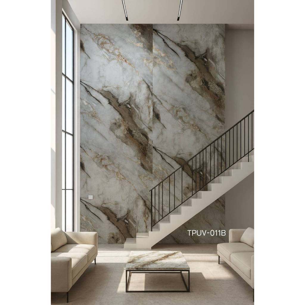 TNP บอร์ด SPC ลายหินอ่อน เคลือบ UV High Glossy สี Earthcore (side A/B) สำหรับตกแต่งผนัง หนา 2.5 มม.