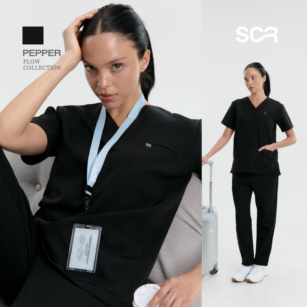 Scrub in | เสื้อ-กางเกงสครับ unisex สี Pepper (สีดำ) รุ่น Flow