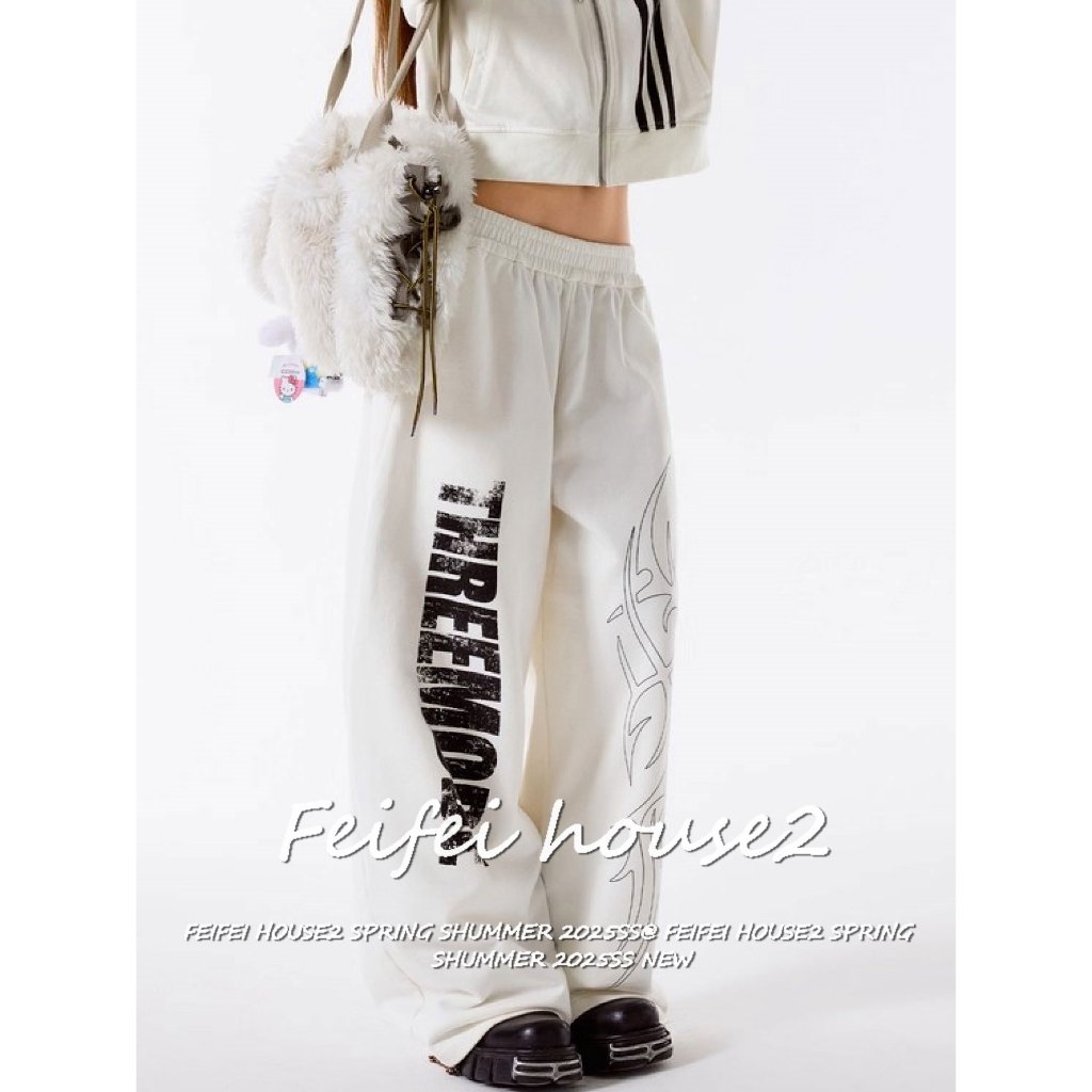 [Women's Pleated Elastic Waist trousers]กางเกงขายาวทรงตรงพิมพ์ลายตัวอักษรแนวแจ๊สแดนซ์สำหรับผู้หญิง