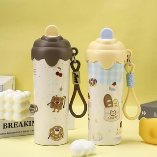 PANDA แก้วเก็บความเย็น 600ML สแตนเลส 304 ไอศกรีมที่สร้างสรรค์ รูปแบบการ์ตูน สายคล้องมือ สองวิธีดื่ม