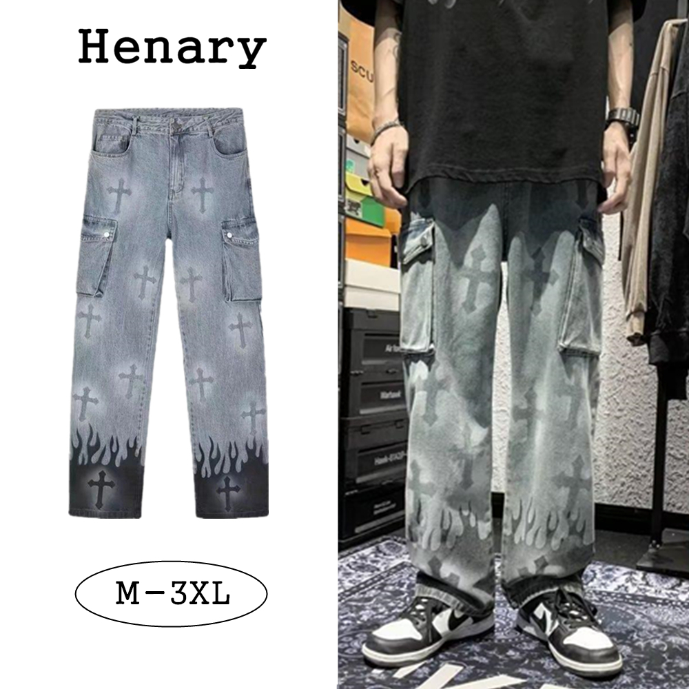Henary กางเกงยีนส์ผู้ชาย ทรงขากว้าง มีกระเป๋าใหญ่ ลายกากบาท สีน้ำเงินเทา ไซส์ M-3XL