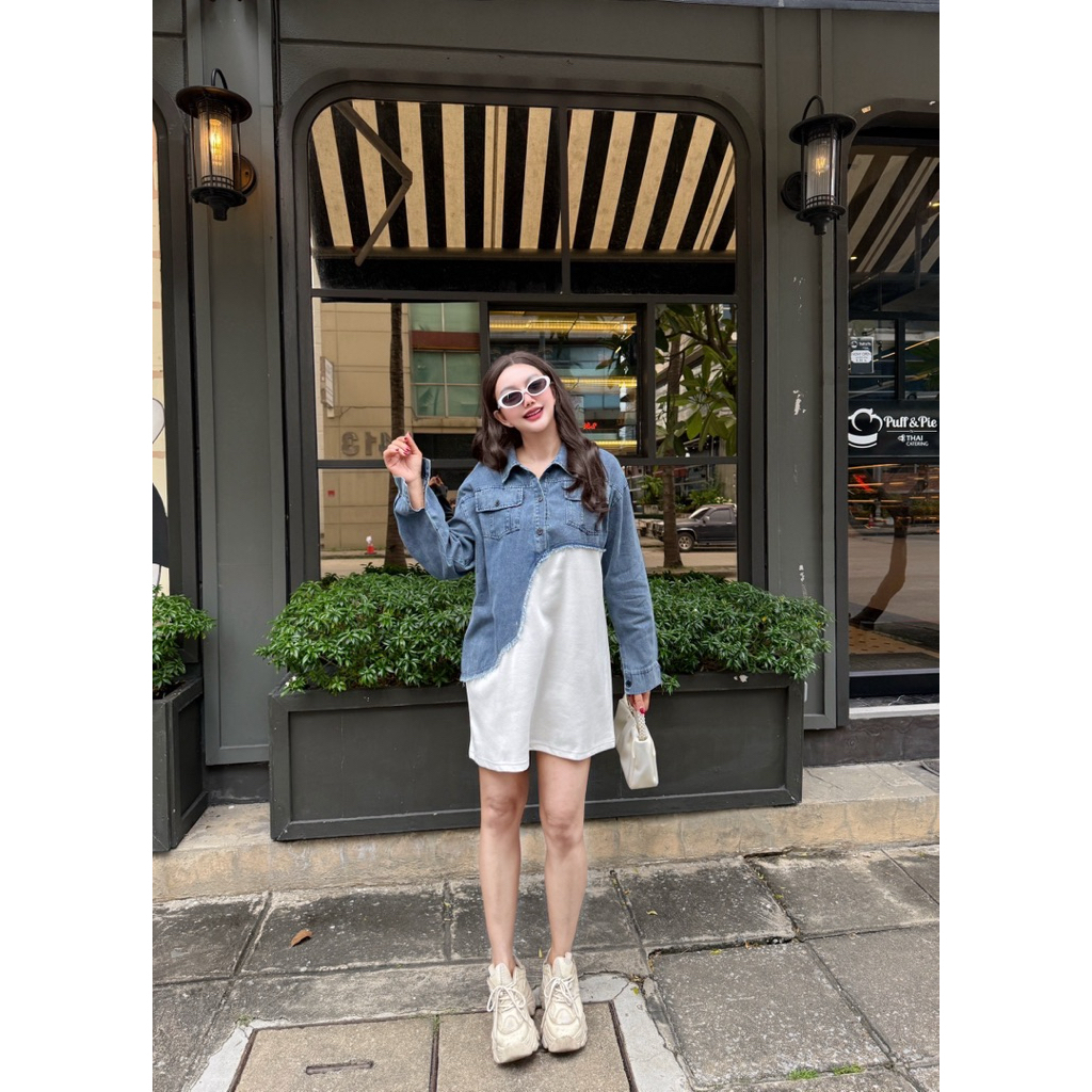 มินิเดรส แขนยาว ยีนส์แต่งลุย ตัดต่อคอตตอนนิ่ม มี 3 สี - รูปที่ 6