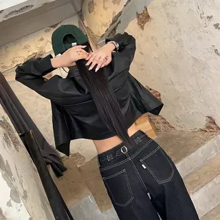 ยีนส์ Nammon Jeans BA07 กางเกงยีนส์เอวกลางกระบอกใหญ่ รุ่น Lucky Belt - ผ้าไม่ยืด
