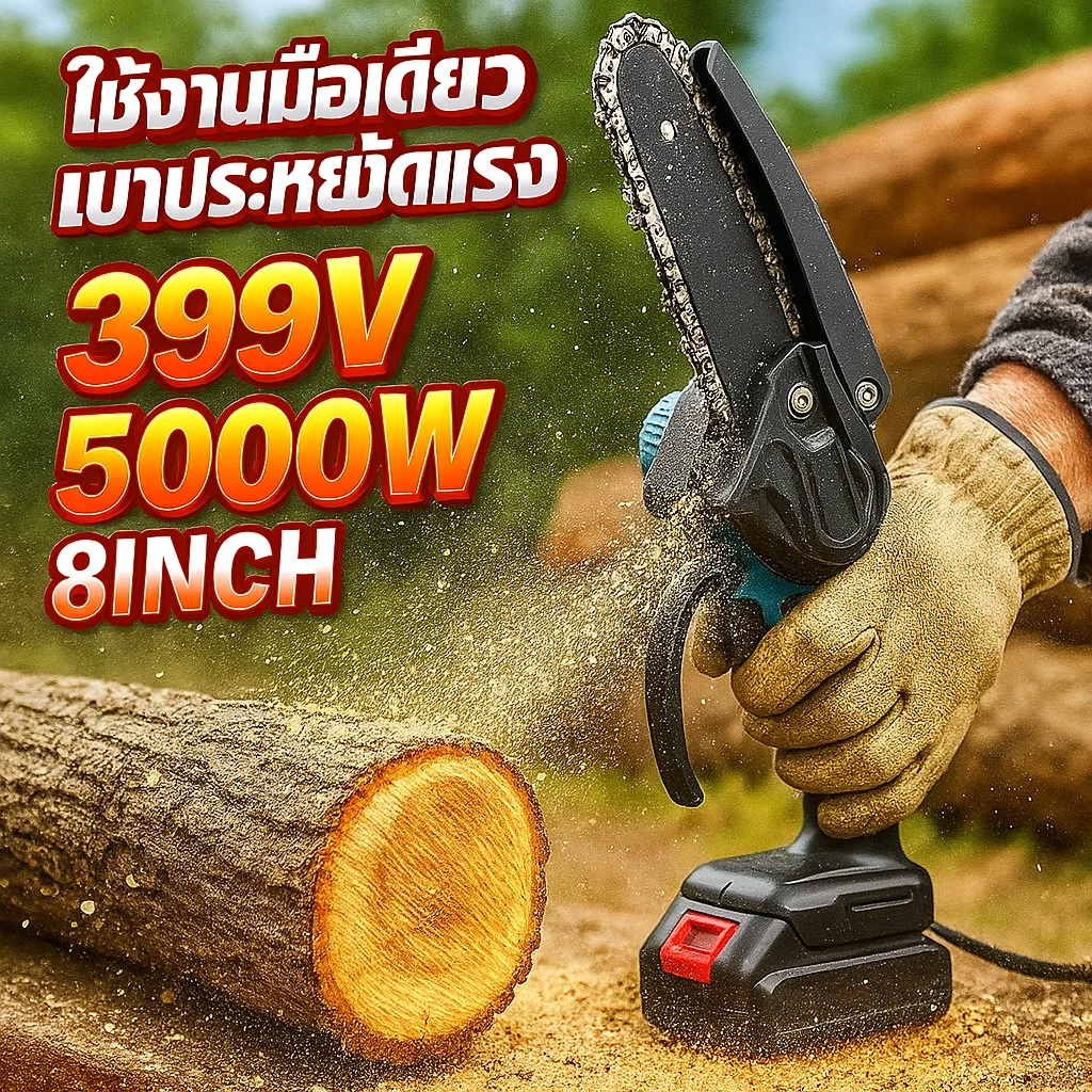 เลื่อยโซ่ไร้สาย เลื่อยโซ่ไฟฟ้าไร้สาย 399V มอเตอร์ไร้แปรง ตัดไม้แรง แบตเตอรี่ 2 ก้อน ใช้งานง่าย เหมาะกับงานสวนและ DIY