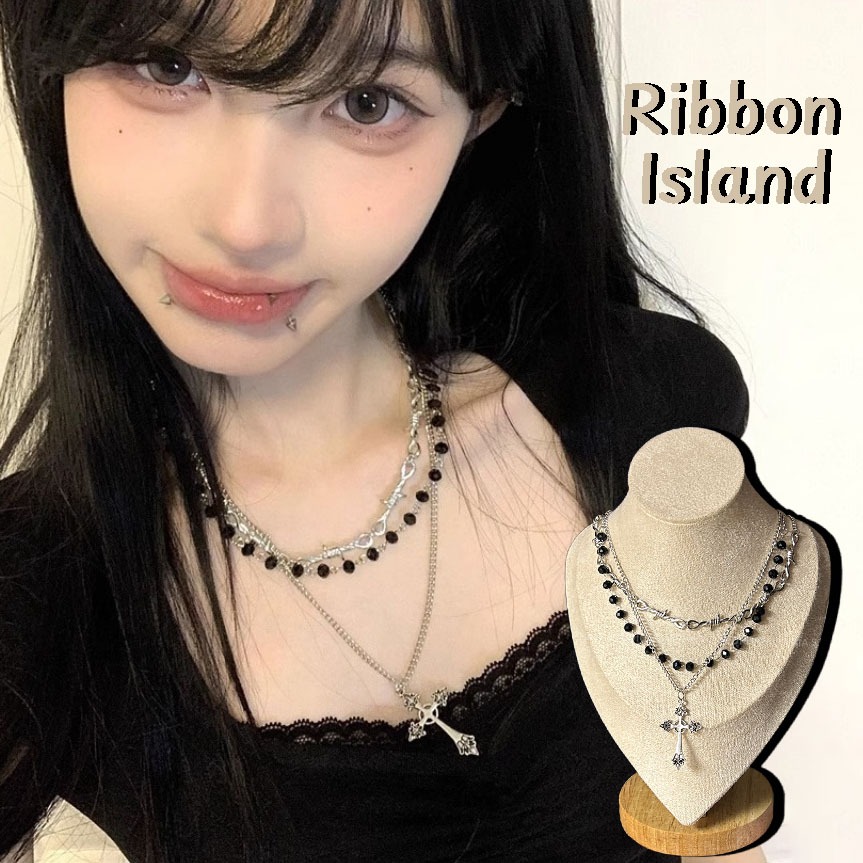 RibbonIsland🌀สร้อยคอ necklace หลายชั้น สไตล์เกาหลี y2k พลอยเทียม ผู้หญิง สวย cross หวาน Gothic ส่งเร็ว COD