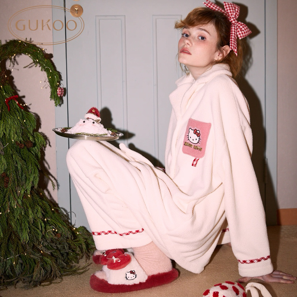 (Pre-order) GUKOO × Hello Kitty Winter Thin White Cozy Fleece Pajama Set ชุดนอนคิตตี้ฤดูหนาวสุดน่ารั