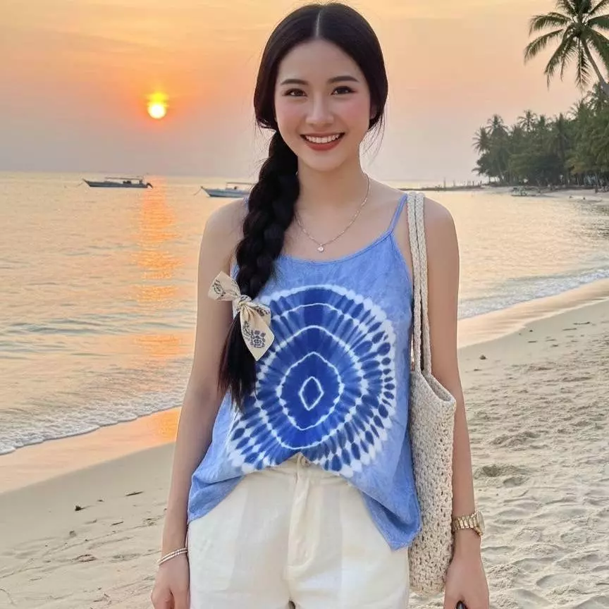 เสื้อสายเดียวผ้าสปัน มัดย้อมคราม เนื้อพริ้ว เย็นสบาย  รอบอก38 นิ้ว thumbnail 6