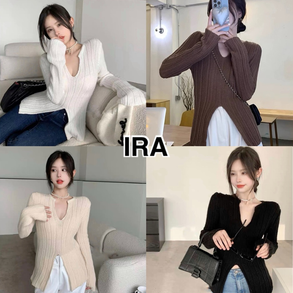 BY IRA Ayden เสื้อแขนยาวคอวี แต่งผ่ากลางสีเบสิคทรงสวย