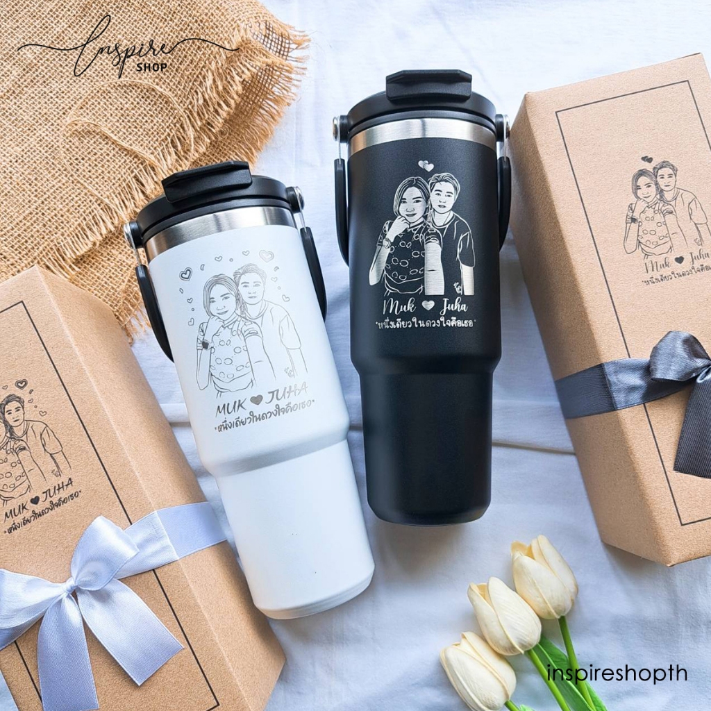 เลเซอร์รูปวาดลายเส้น (รูป+ข้อความ) แก้วเก็บความเย็น H 30oz./900ml ห่อของขวัญผูกโบว์