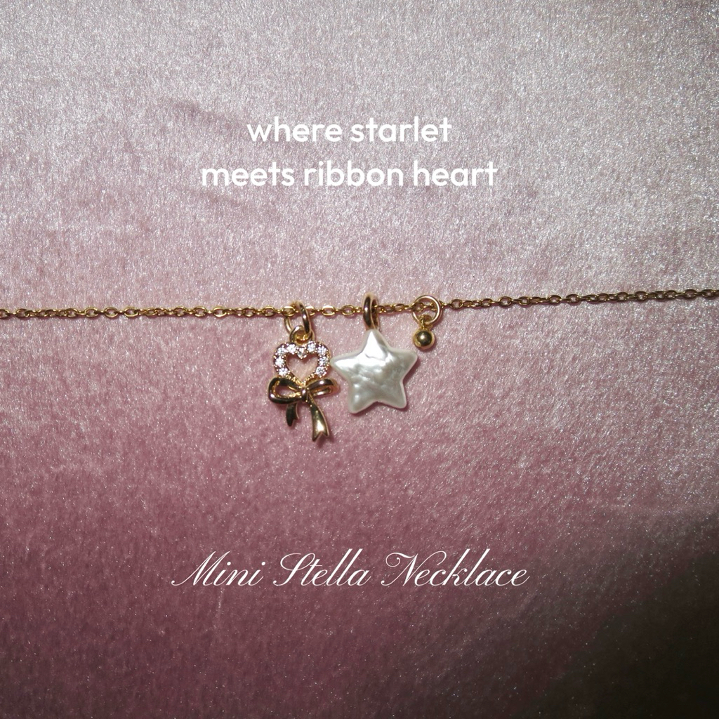 Imnigel Mini Stella  Necklace สร้อยคอจี้หัวใจผูกโบว์ ลูกปัดไข่มุกรูปดาว
