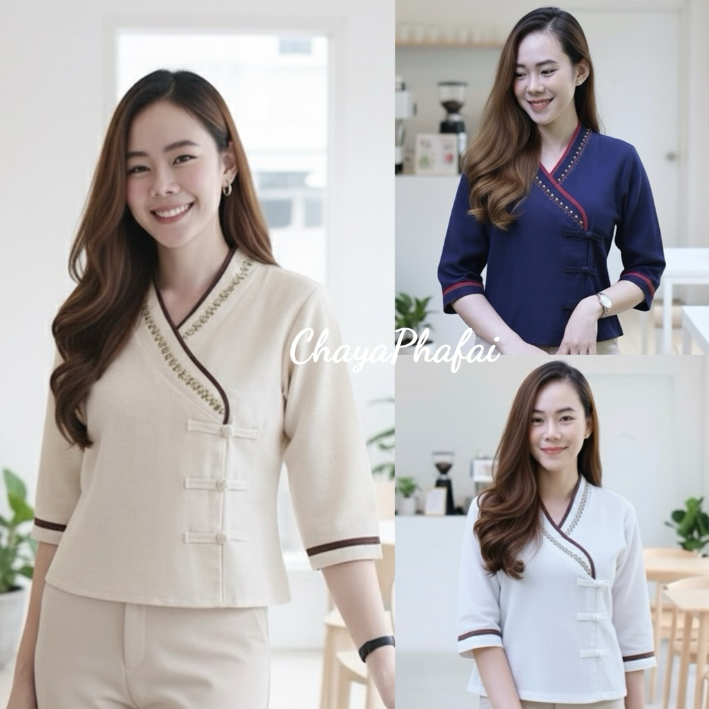 เสื้อผ้าฝ้ายทรงป้ายเจ้านางแขนสามส่วน ปักดอกไม้
