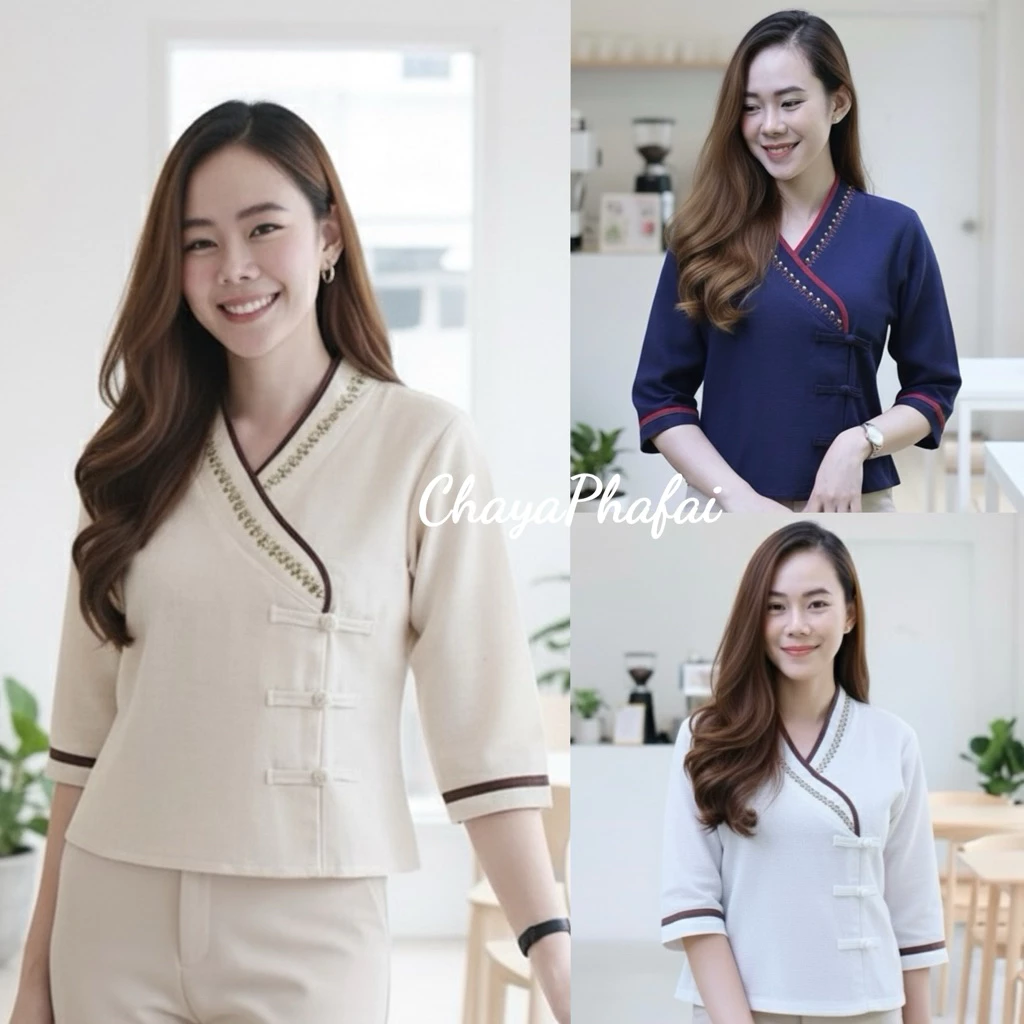 เสื้อผ้าฝ้ายทรงป้ายเจ้านางแขนสามส่วน ปักดอกไม้
