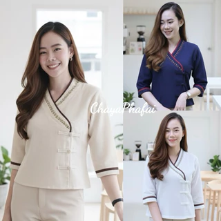 เสื้อผ้าฝ้ายทรงป้ายเจ้านางแขนสามส่วน ปักดอกไม้