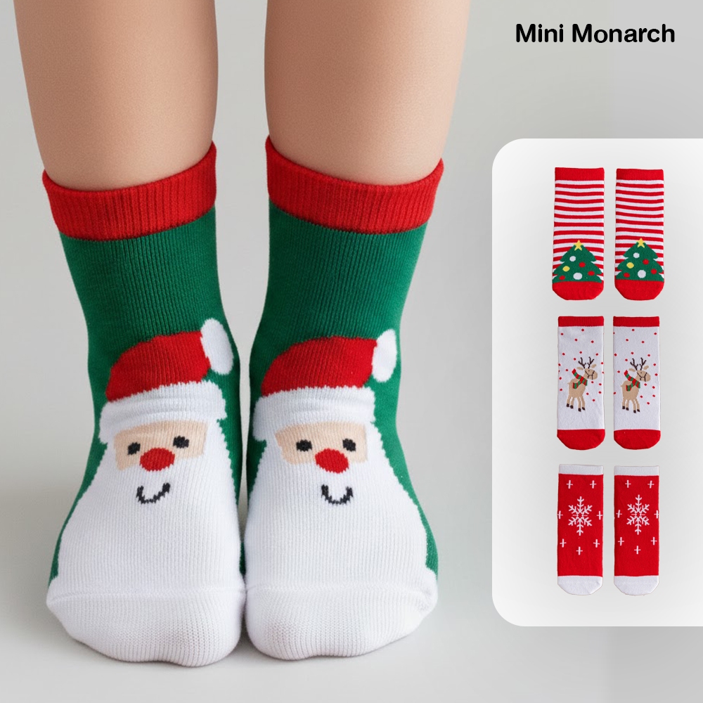 Mini Monarch ถุงเท้าคริสต์มาสเด็ก โทนสีแดง-ขาว ผ้าหนานุ่ม อบอุ่น ใส่สบาย ลายน่ารัก (อายุ1-12ขวบ)