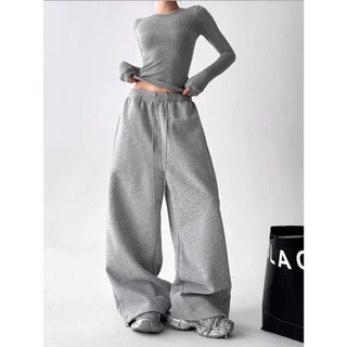 [Sporty Solid Color Two-Piece Set]เสื้อยืดแขนยาวผู้หญิงสไตล์เรียบง่ายและกางเกงขากว้างลำลอง ชุดสองชิ้นสีพื้น