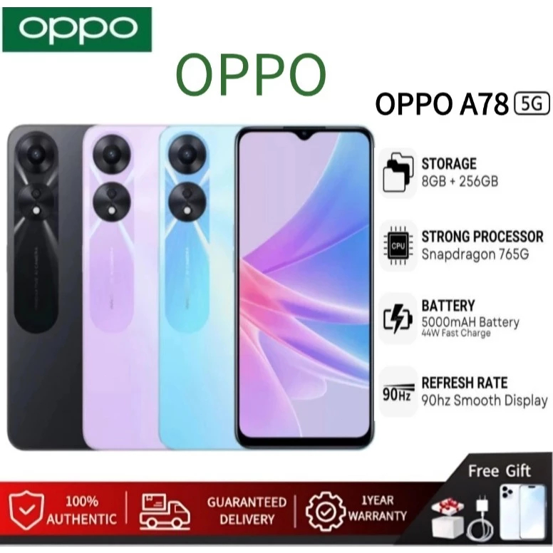 [พร้อมส่ง] OPPO A78 5G (8+256GB) ขนาด 6.56 นิ้วพร้อม 33W SuperVOOC Fast Charge แบตเตอรี่ 5000 mAh
