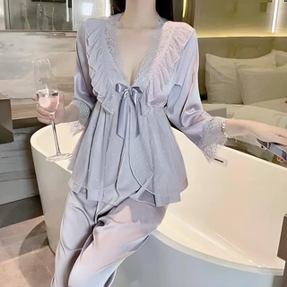 Sexy Charm💐💐เสื้อผ้าที่บ้าน ชุดนอนผ้าซาตินสีพื้น กางเกงยาว ชุดสองชิ้น คอวีลึก ลูกไม้เซ็กซี่