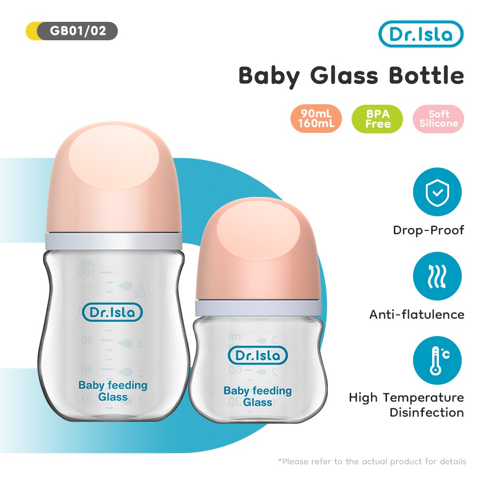 Dr.isla ขวดนม ขวดนมแก้ว 90ml /160ml ขวดแก้วเด็กคอกว้าง ป้องกันอาการโคลิค ปลอด BPA Free GB01
