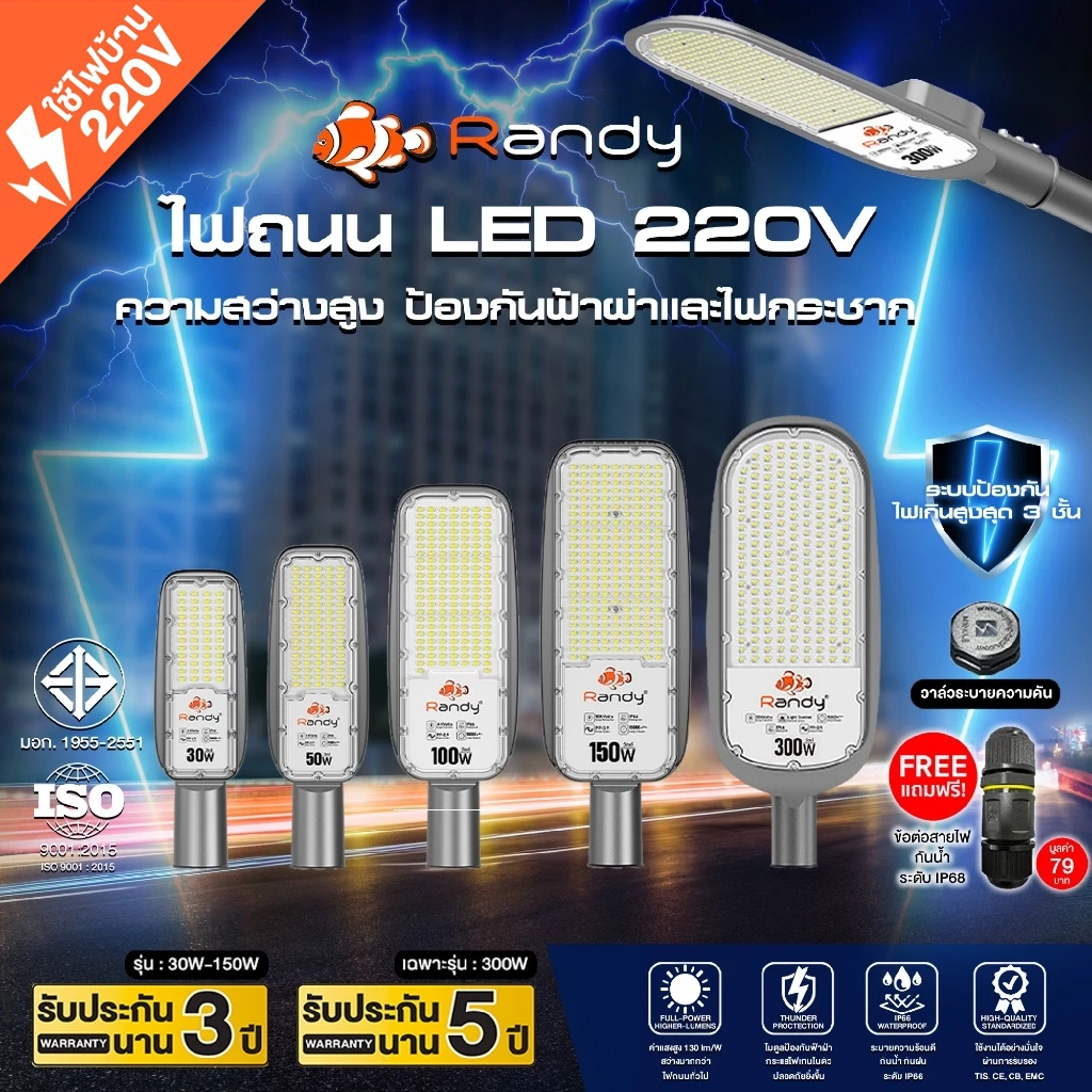 3แถม1 RANDY ไฟถนน220V M series โคมอลูมิเนียมหล่อขึ้นรูป ทนทาน กันฟ้าผ่า4KV แสงแรงประหยัดเงิน ประกัน3ปี