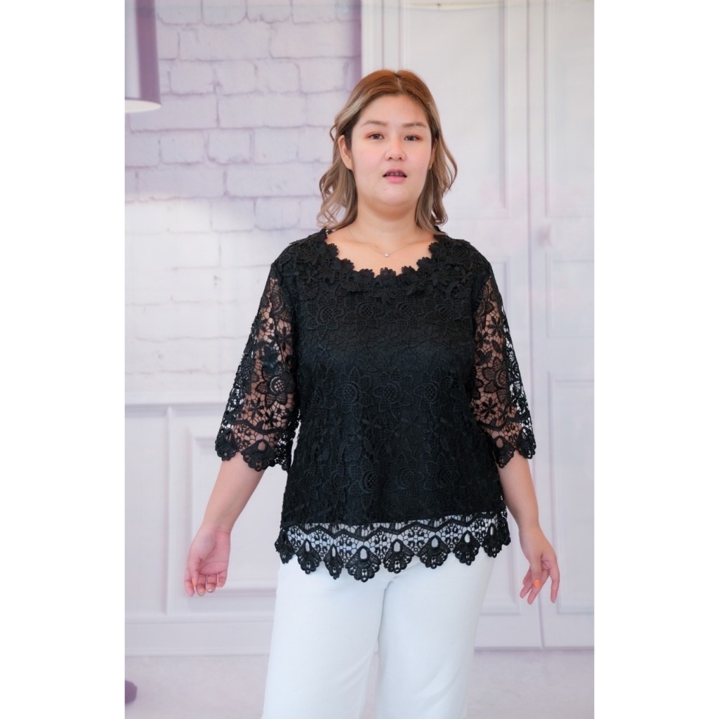 🌹เสื้อลูกไม้สาวอวบ/พลัสไฃส์ คอกลม สวยสง่างาม ใส่ไปงานแต่ง งานมงคล ทำบุญ แขน3ส่วน ทรงสวยใส่แล้วดูดีมากๆ มีชับใน