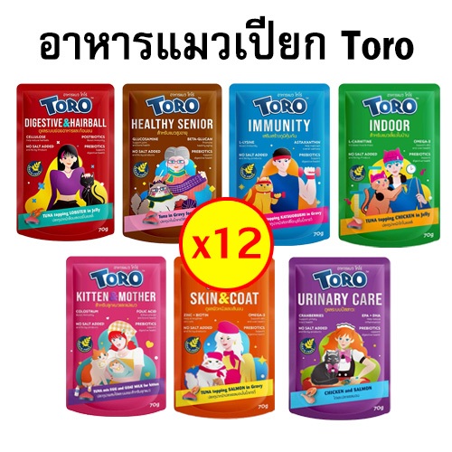 (ยกโหล) อาหารแมวเปียกโทโร่ Toro สูตรพรีเมี่ยม ไม่เติมเกลือ ปริมาณ 70 กรัม