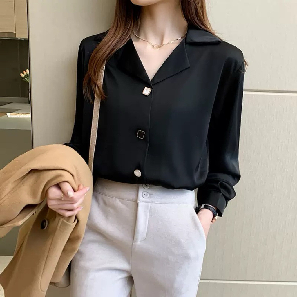 E50 เสื้อเชิ้ตสีดำแขนยาว ปกสูท พร้อมส่งที่ไทย