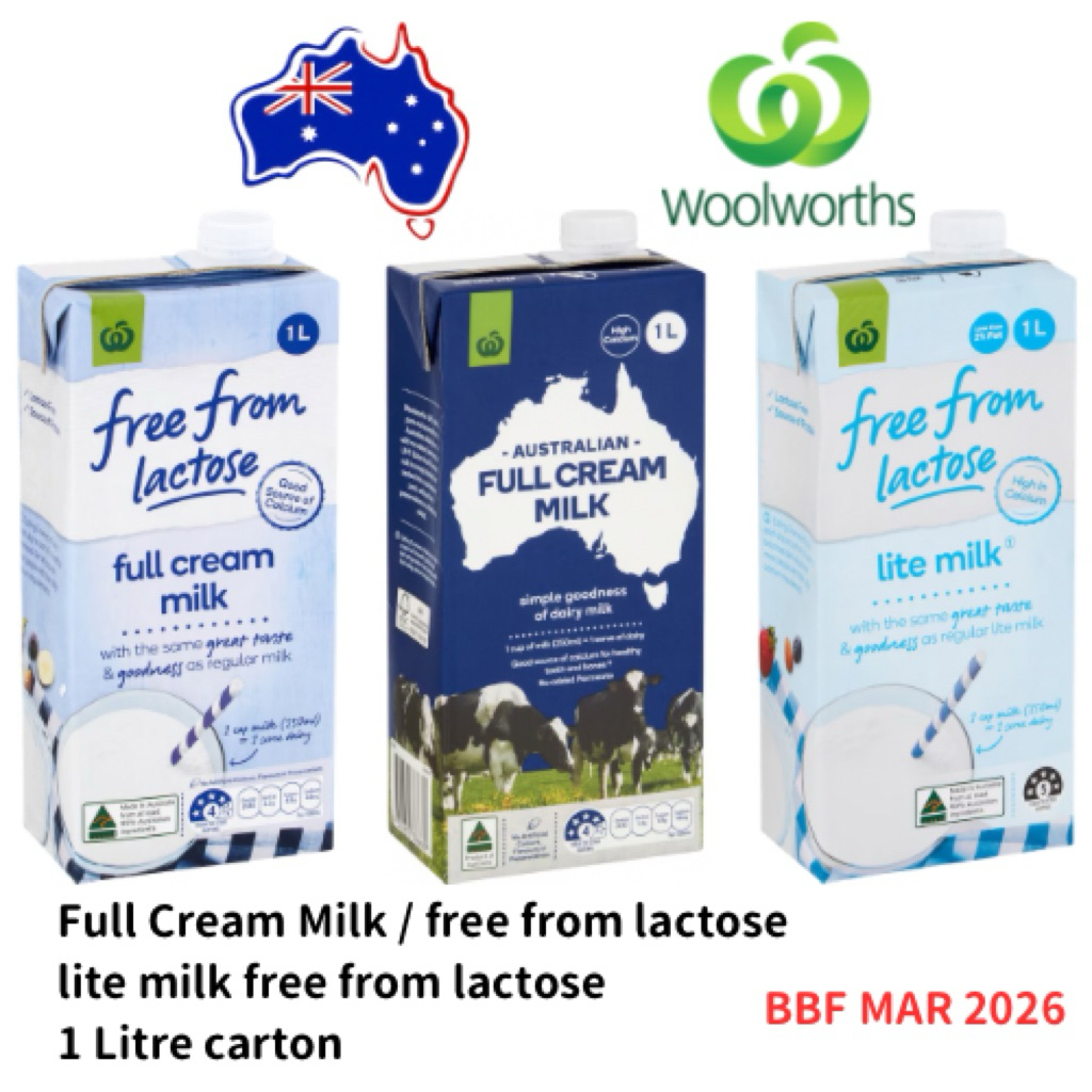 Australian UHT Milk Woolworths Full Cream / free from lactose 1 Litre carton (BBF MAR 2026)