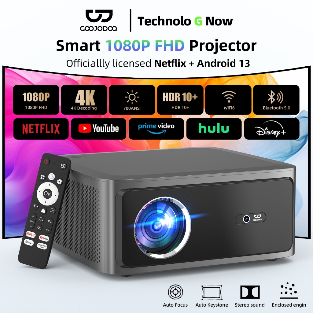GOOJODOQ โปรเจ็กเตอร์ Projector Netflix 1080p Fhd 700 Ansi Android 13 Wi-Fi 6 Bluetooth 5.0