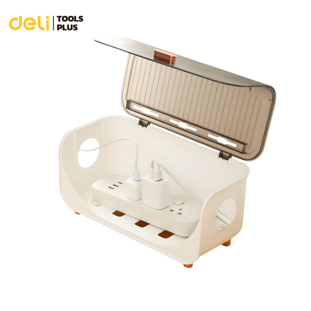 Deli กล่องเก็บสายไฟ กล่องพลาสติกเก็บปลั๊กไฟ จัดเก็บสายไฟ กล่องจัดระเบียบเปิดปิดได้ Cable Storage Box – โปรปัง