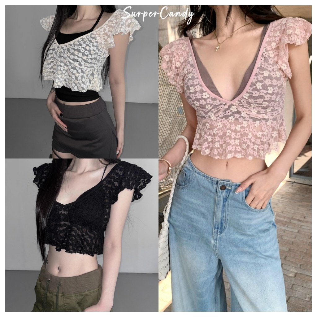 SuperCandy🌷เสื้อครอปคอวีผ้าลูกไม้ซีทรูสุดเซ็กซี่สำหรับผู้หญิงในช่วงฤดูร้อนพร้อมปลายแขนระบาย เทศกาลสงกรานต์