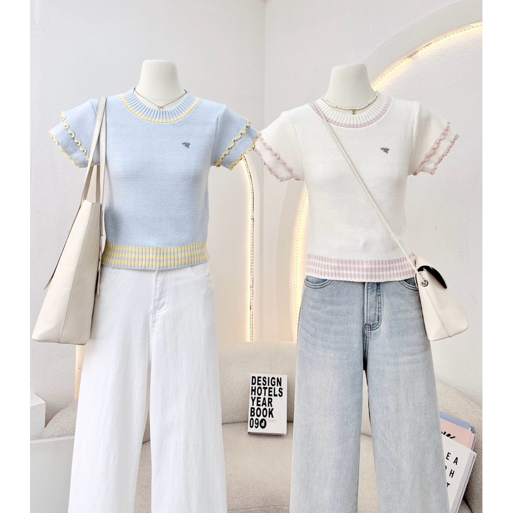 WA YA เสื้อคอกลมแขนระบาย แต่งขอบสี