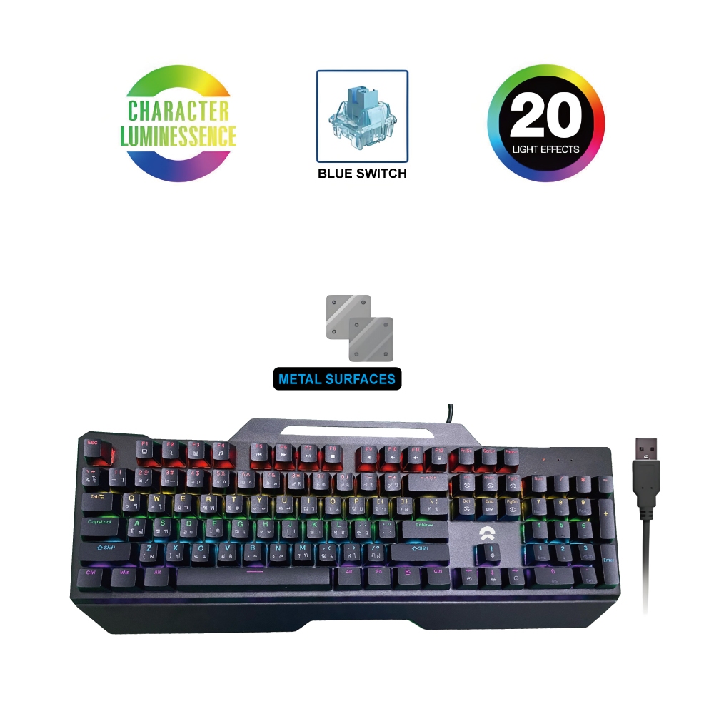 Oker Mechanical คีย์บอร์ดเกมมิ่งไฟเรืองแสง รุ่น K527 (blue switch)