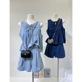 B635 เซ็ตเสื้อแขนกุดผูกโบว์ + กางเกงขาสั้น เนื้อผ้ายีนส์นุ่ม ลุควินเทจนิดๆ