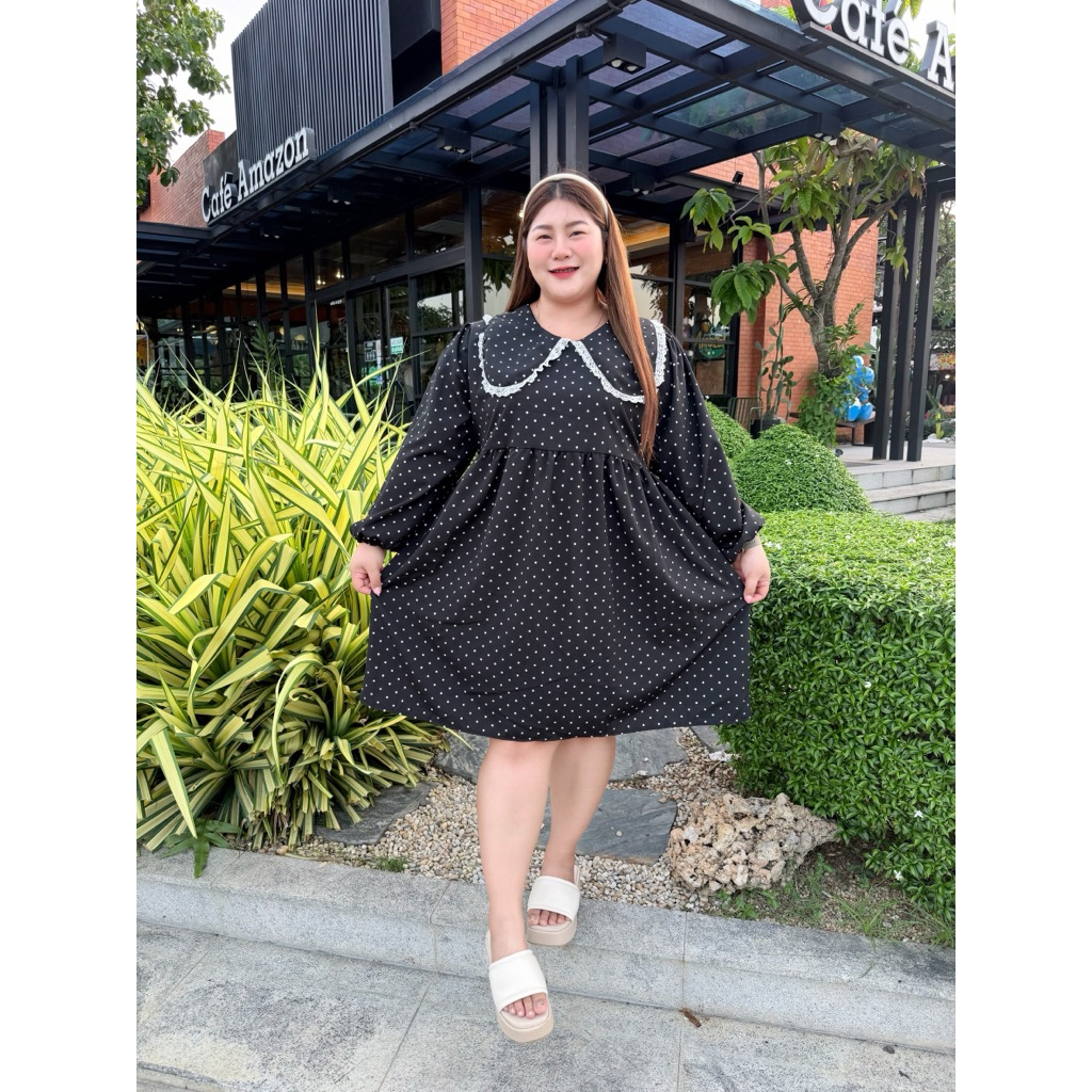 PK003ชุดเดรสPolkadotแขนยาวไชต์ใหญ่ใส่สบาย(หนเาผ้า54นิ้ว)งานผ้าครัช