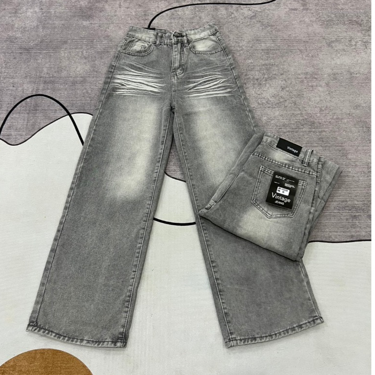 กางเกงยีนส์ทรงขากระบอก สีเทาเฟด ป้ายVintage #H7202