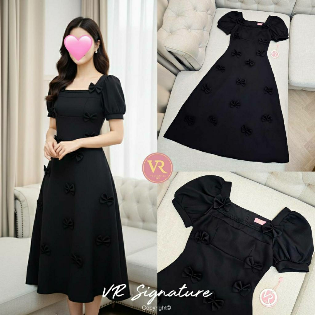 (S-XL)  VR  📣พร้อมส่งเดรสยาวแขนพองคอเหลี่ยมแต่งกุ๊นขอบเปียช่วงอกแต่งโบว์3Dเล็กๆกระจายทั้งตัวเนื้อผ้า