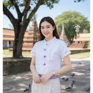 เสื้อพื้นเมืองผู้หญิงคอจีนผูกโบว์ ปักดอกด้วยมือ