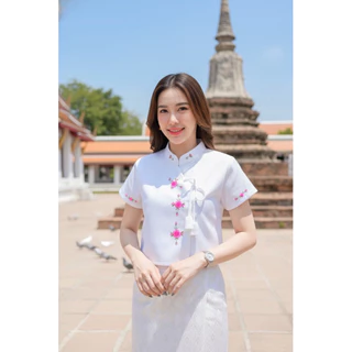 เสื้อพื้นเมืองผู้หญิงคอจีนผูกโบว์ ปักดอกด้วยมือ